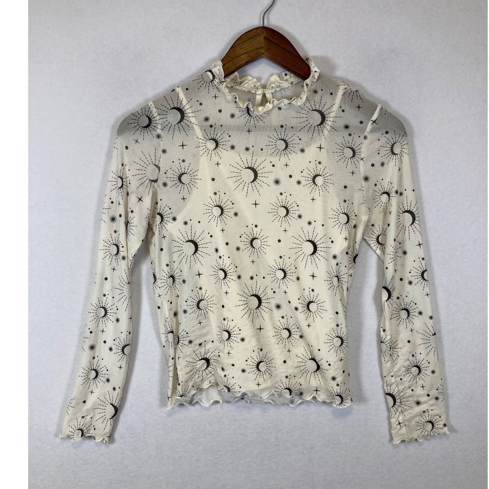 Whimsigoth Edgy Women Small Cream Celestial‎ Mesh Long Sleeve Lettuce Trim Top